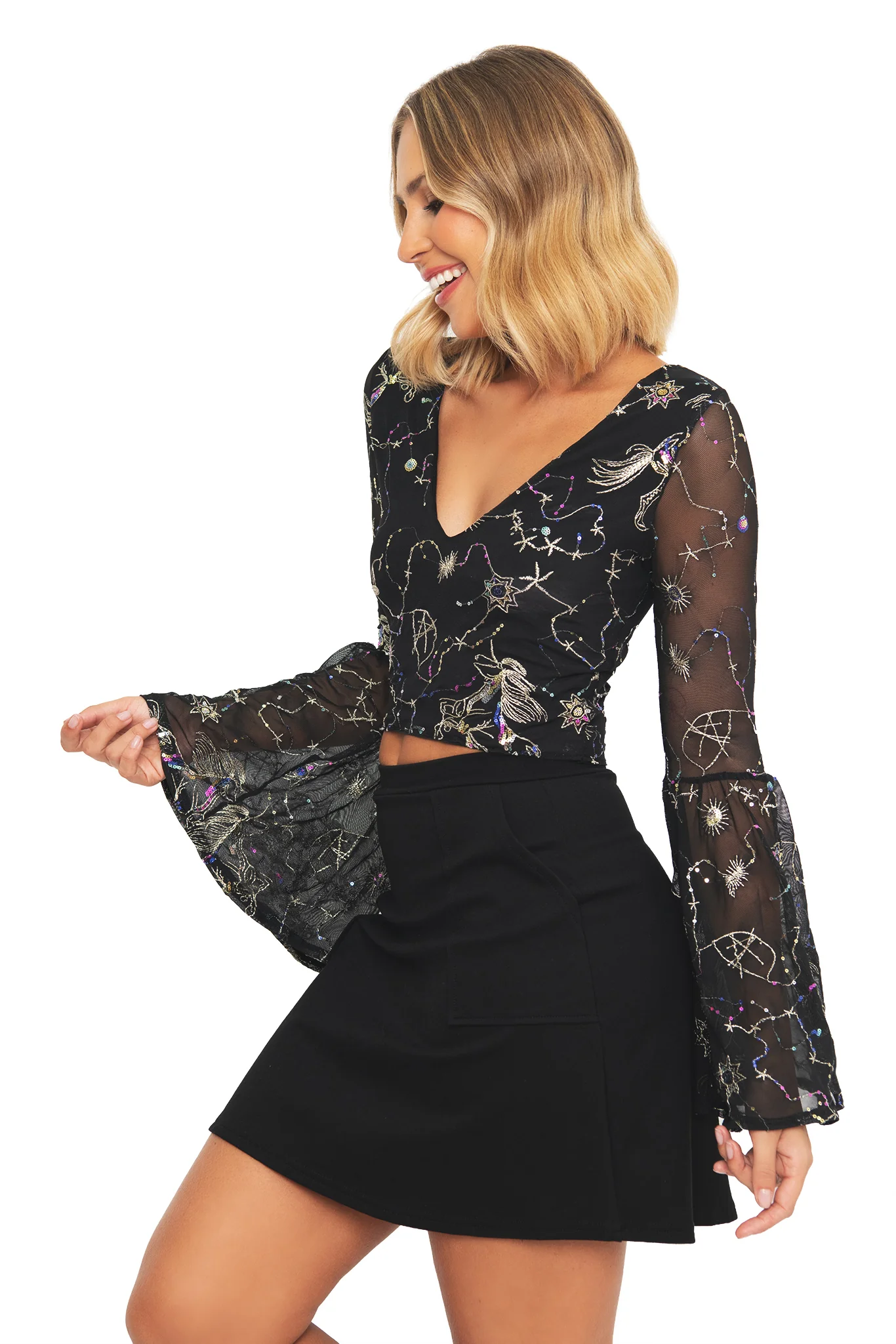 Astraea Sequin Mesh Flare Sleeve Top - Sample - Image 2