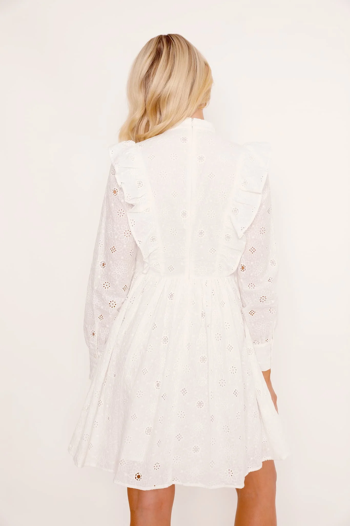 Broderie Anglaise White Long Frill Sleeve Dress - Image 2