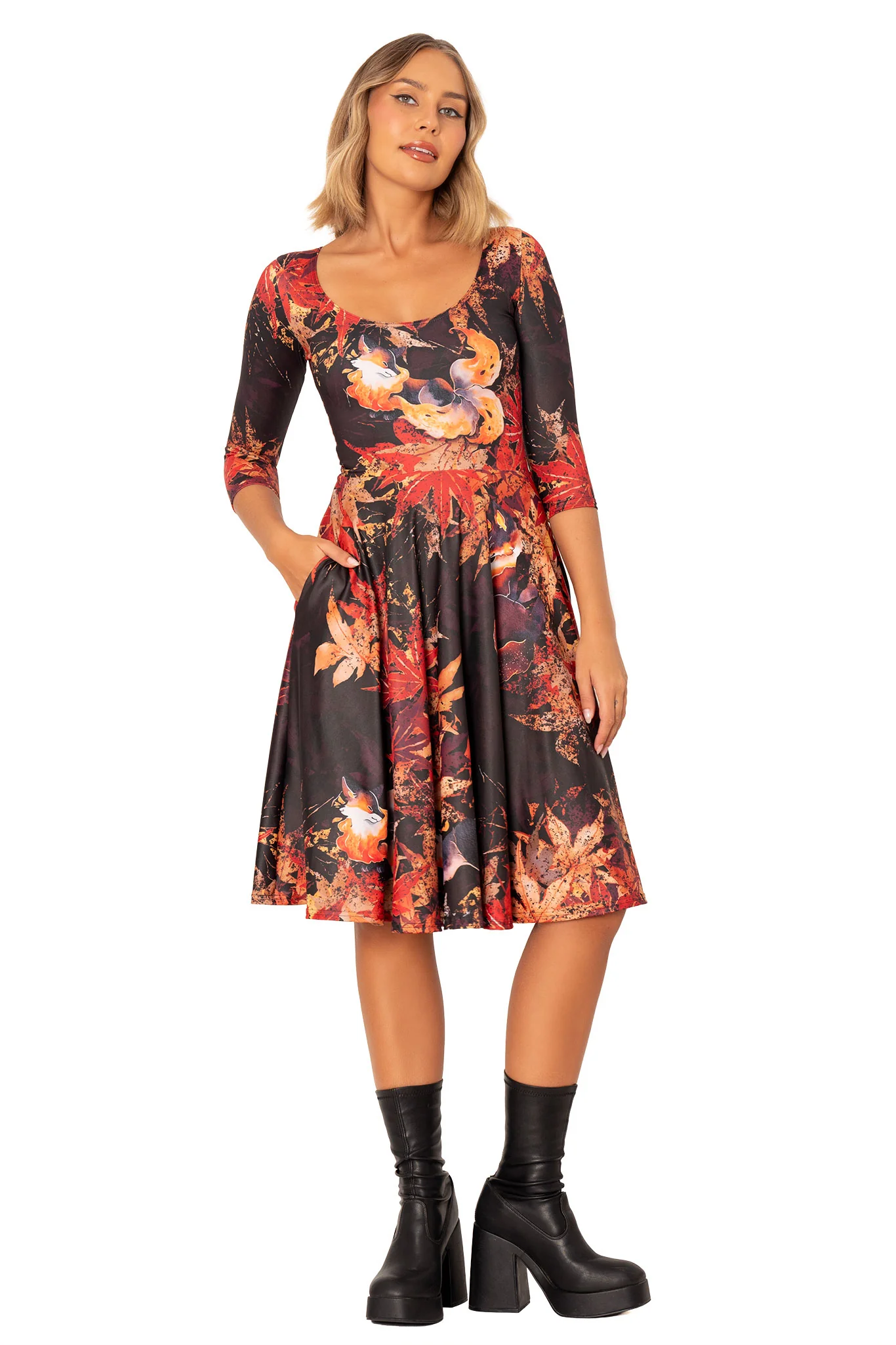 Cheeky Kitsune 3/4 Sleeve Scoop Midi Dress