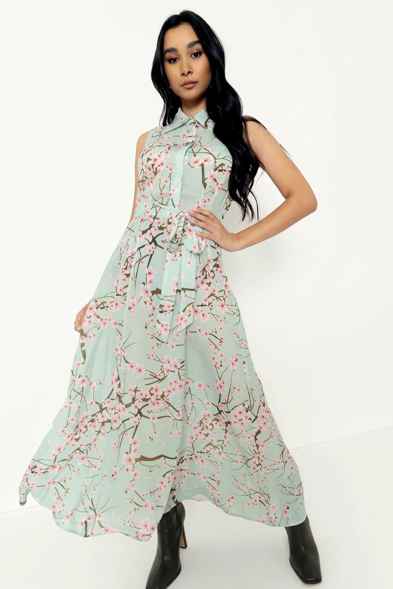 Cherry Blossom Sage Maxi Shirt Dress