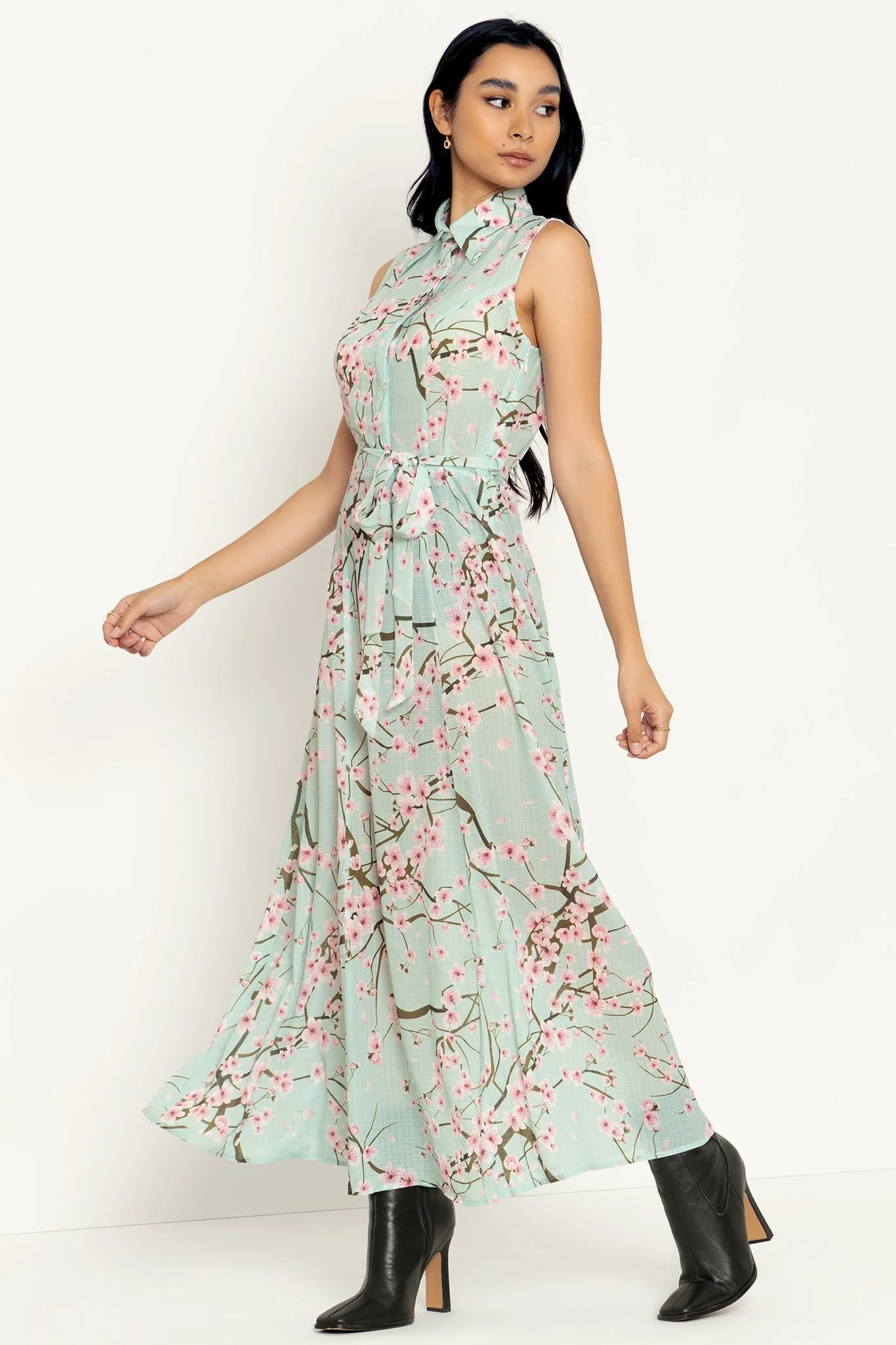 Cherry Blossom Sage Maxi Shirt Dress - Image 3