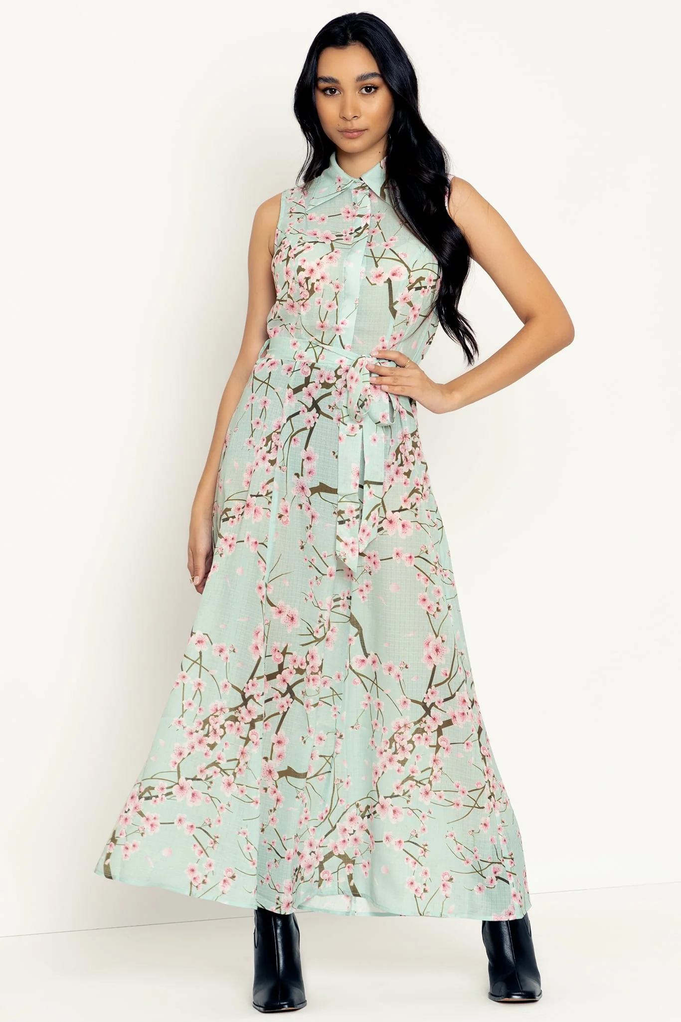 Cherry Blossom Sage Maxi Shirt Dress - Image 5