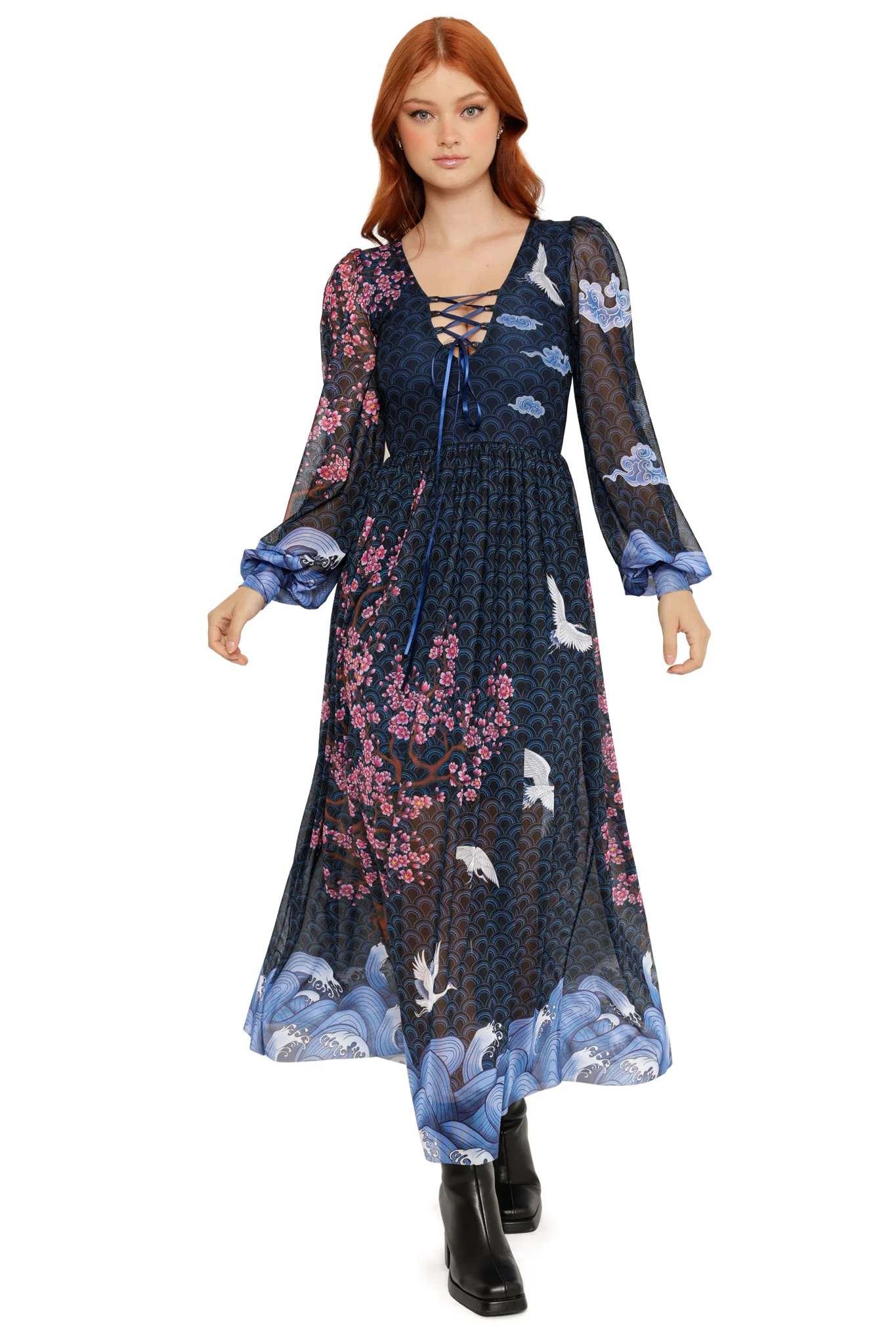 Flight of Tsuru Bishop Sleeve Maxi Dress - Image 2