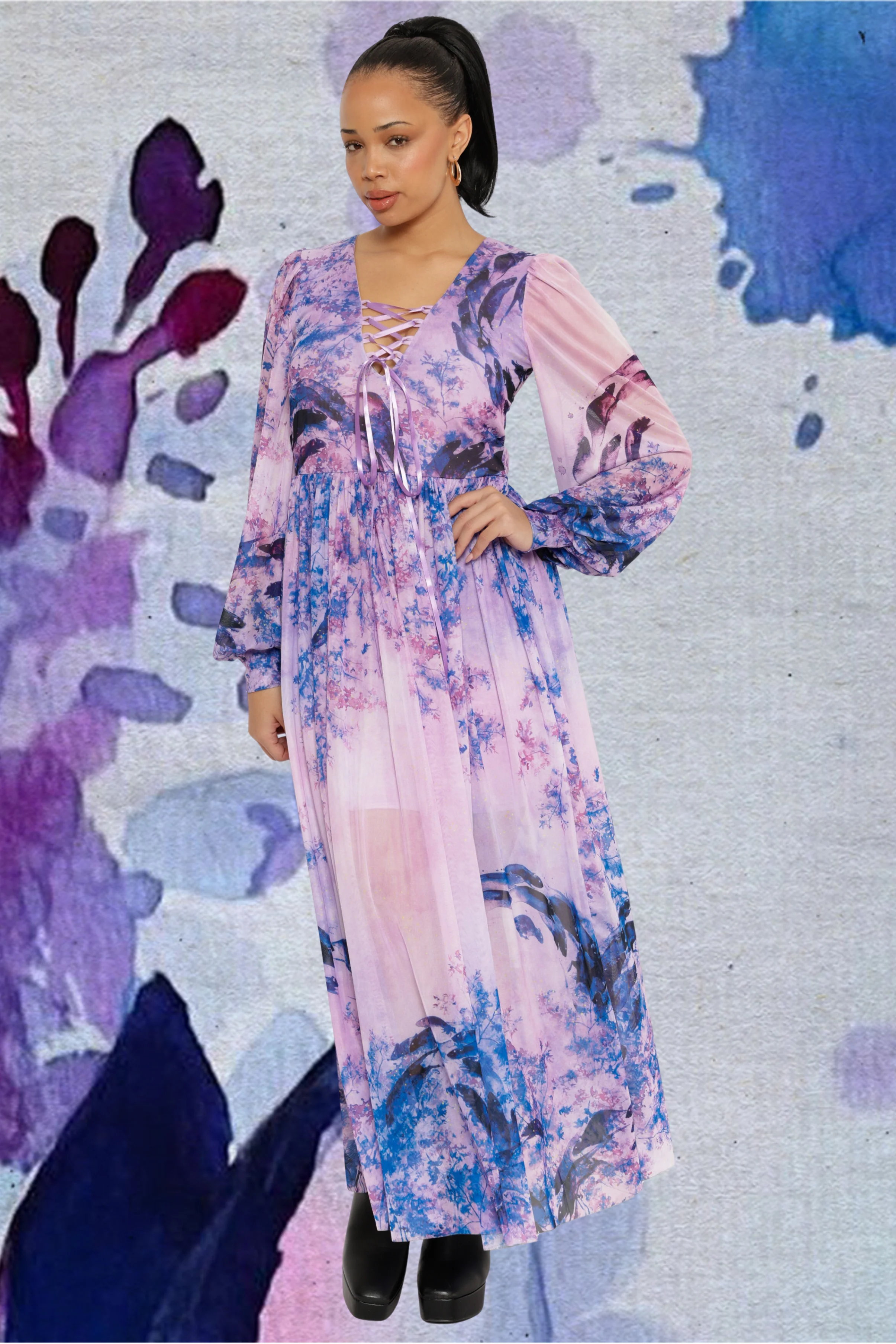 Mischief In The Fields Sheer Bishop Maxi Dress - Image 2