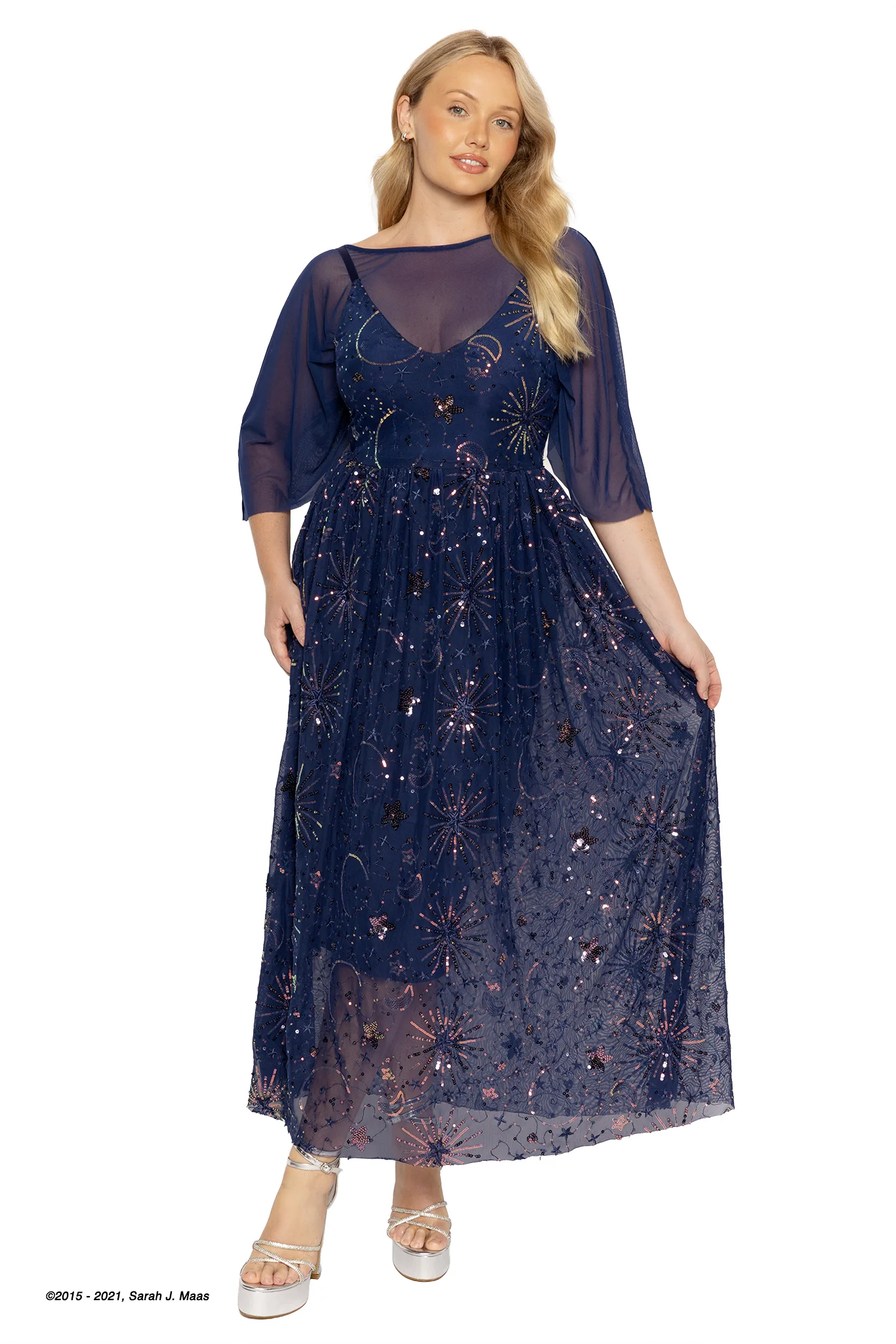 Navy Starburst Sequin Maxi Dress with Cape - Image 2