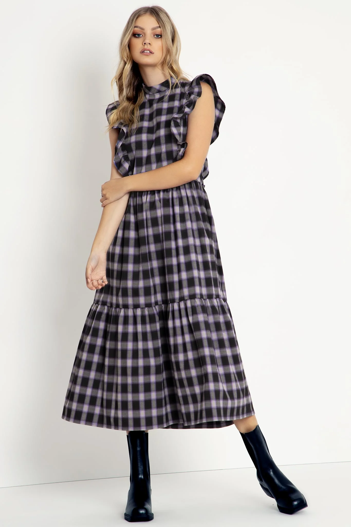 Plaid Ghost Frill Sleeve Midaxi Dress