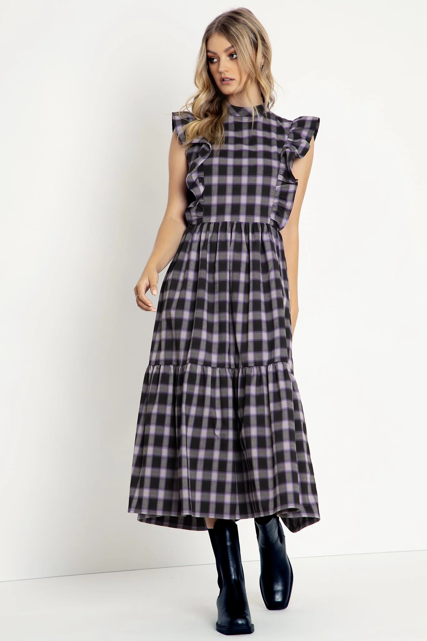 Plaid Ghost Frill Sleeve Midaxi Dress - Image 3
