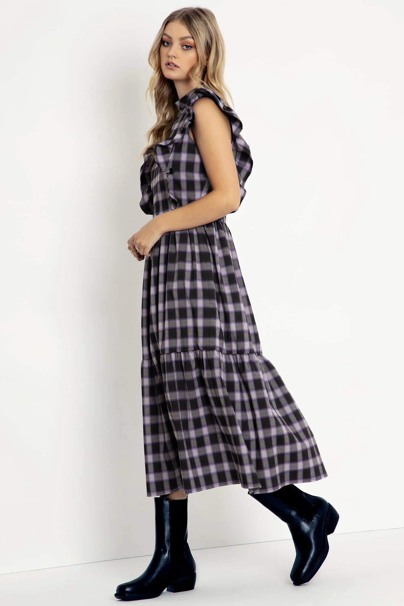 Plaid Ghost Frill Sleeve Midaxi Dress - Image 4
