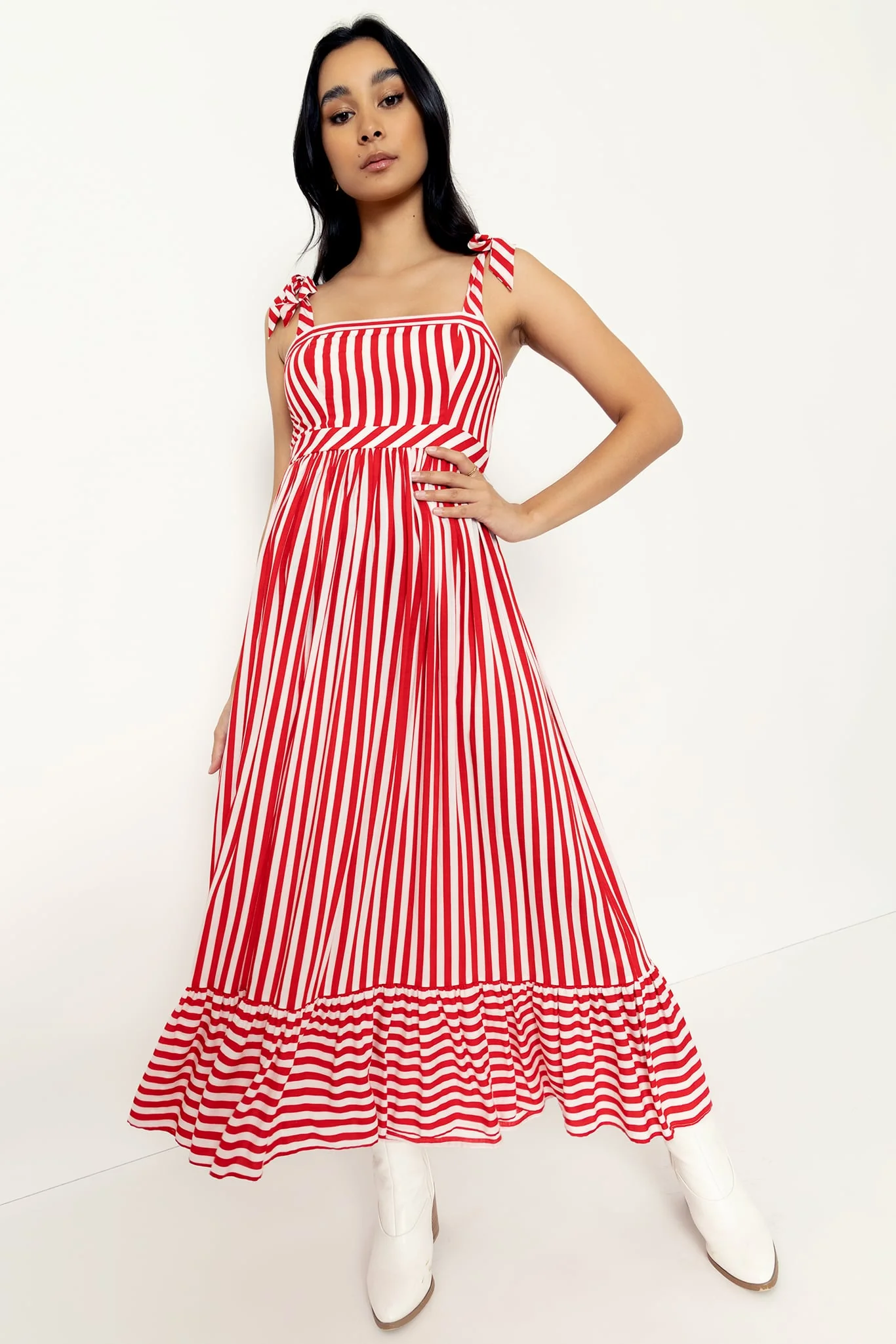Red Ribbons Tied N Tiered Midaxi Dress - Image 3
