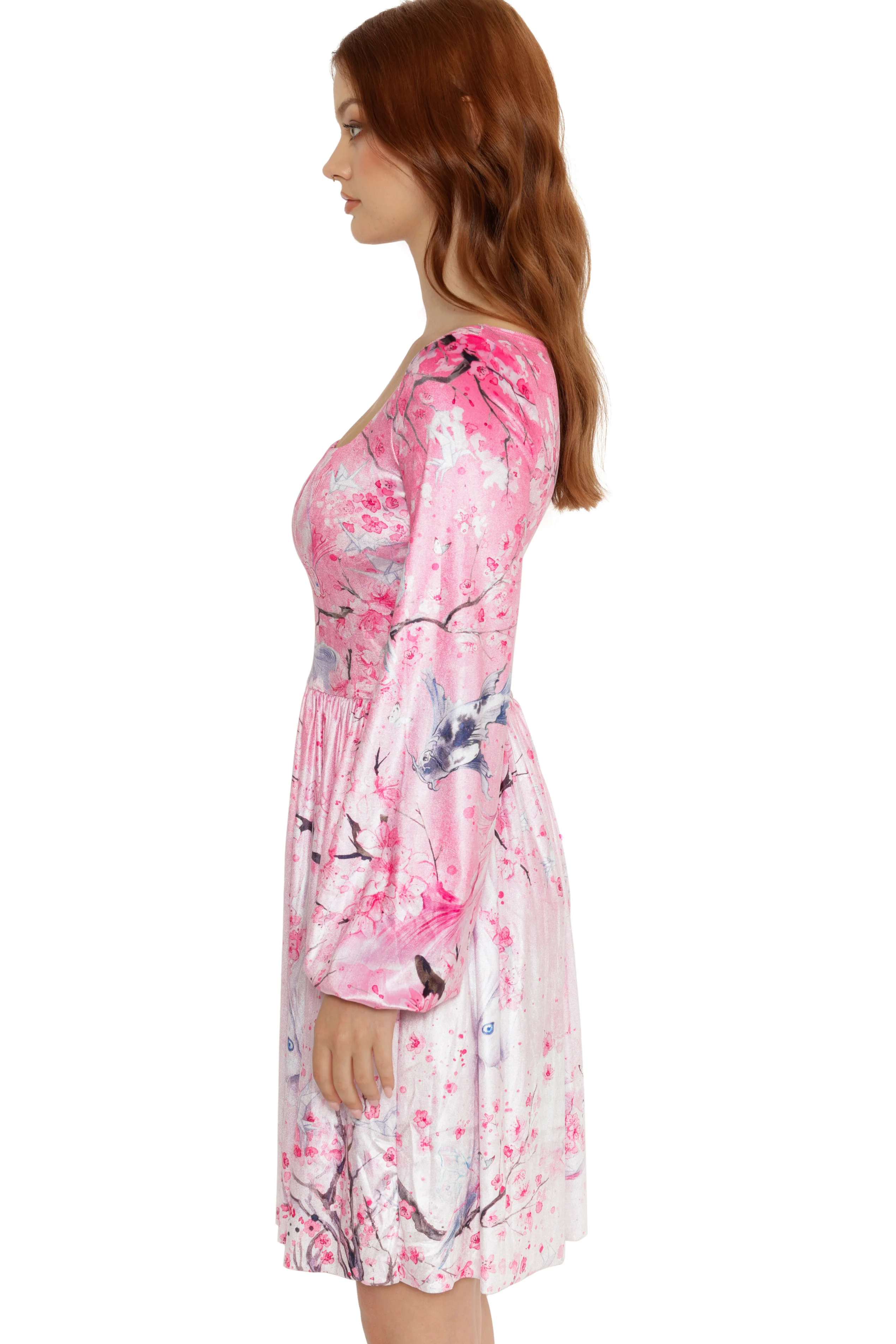 Sakura Blossoms Yin Yang Velvet Bishop Sleeve Longline Dress - Image 5