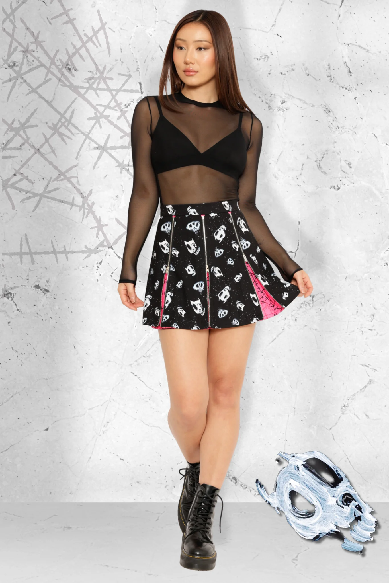 Skulls vs Barbed Wire Zip Mini Skirt - Image 2